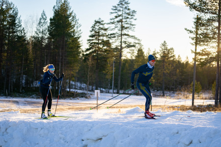 Två längdskidåkare i träning på en snötäckt bana med skog i bakgrunden under soligt väder.