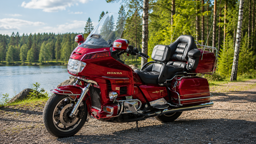 Röd touringmotorcykel parkerad vid en sjö med skog i bakgrunden.