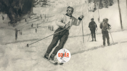 En historisk målning i svartvitt som visar en man som åker skidor nedför en backe med stavar i händerna. I bakgrunden syns fler skidåkare. Längst ned finns en logotyp med texten ”60 år Orsa Grönklitt 1965–2025”.